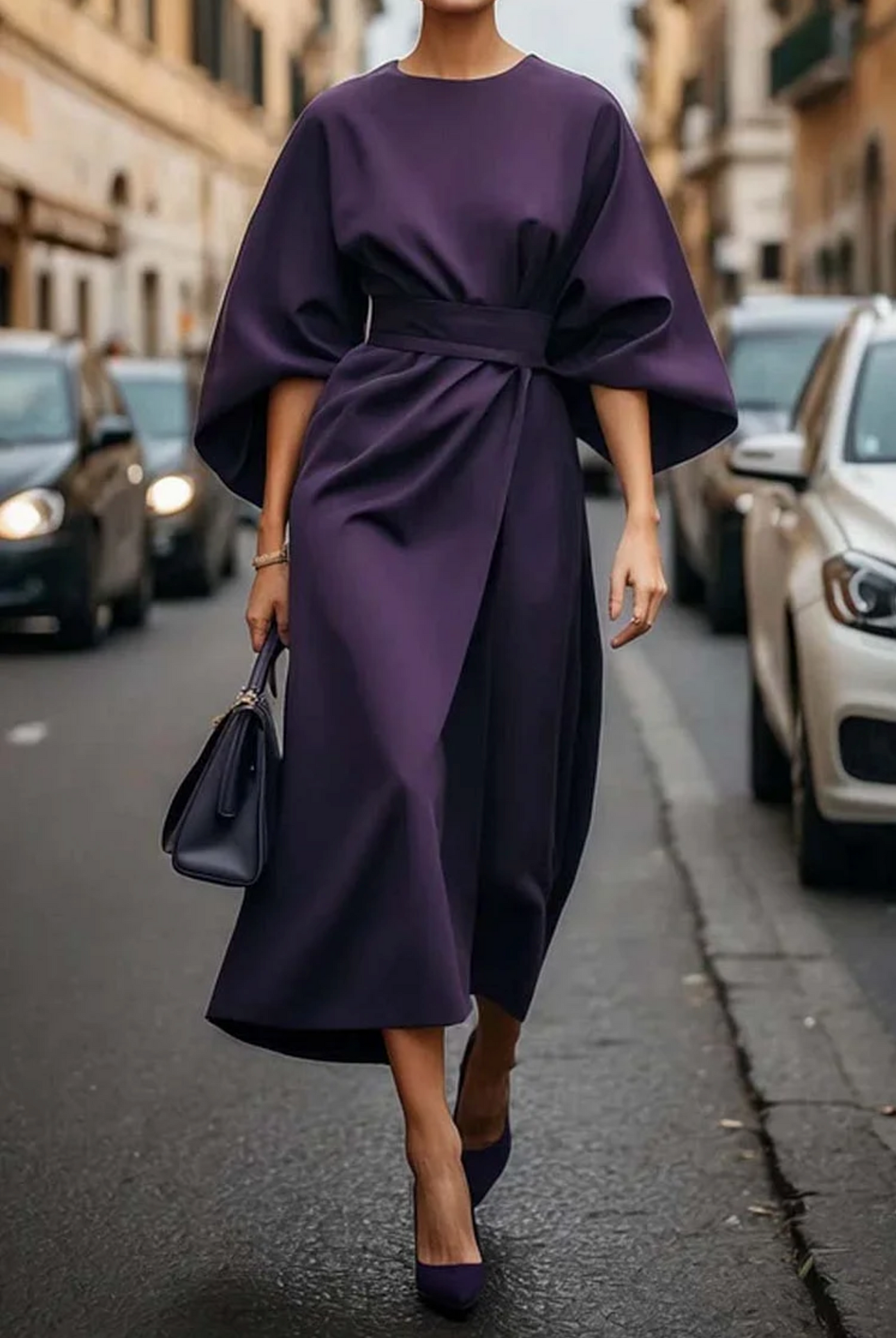 Elin | Elegant midi-kjole med belte og lanternesømmer