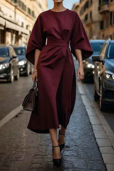 Elin | Elegant midi-kjole med belte og lanternesømmer
