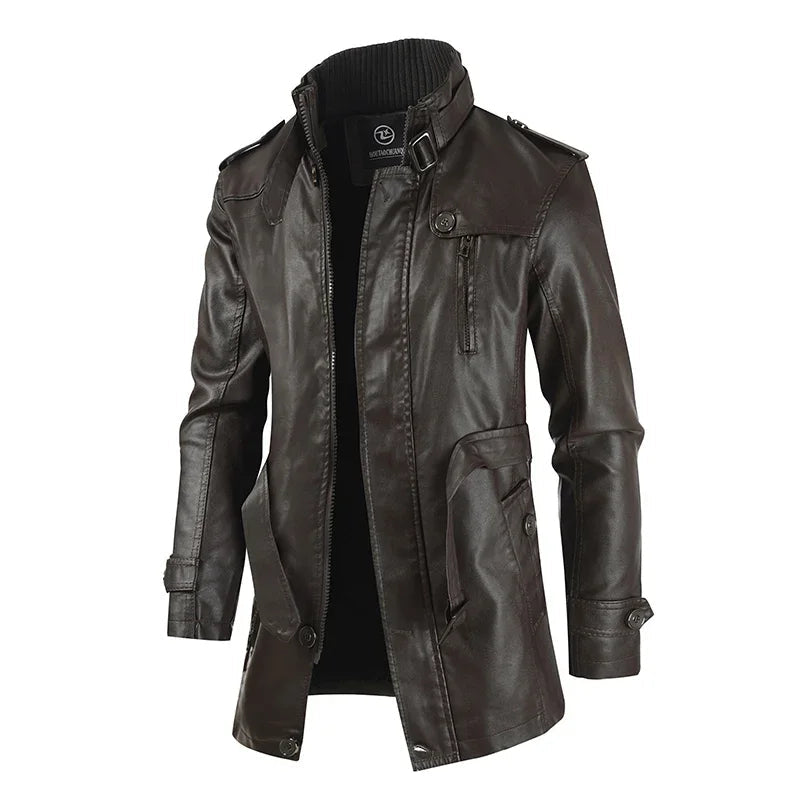 Elegant lang skinnjakke i bikerstil