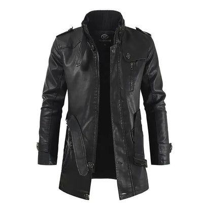 Elegant lang skinnjakke i bikerstil